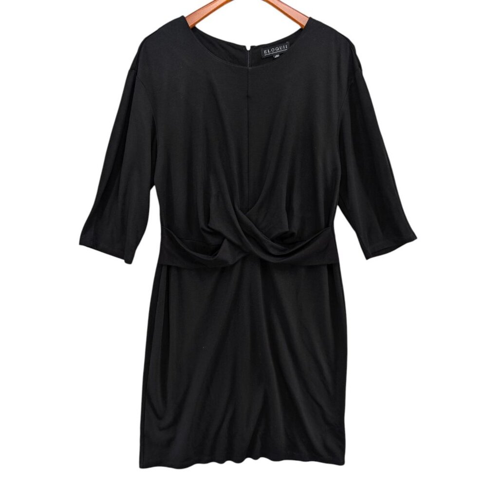 Eloquii Dress Solid Black 3/4 Sleeve Draped Front Knee Length Size 18